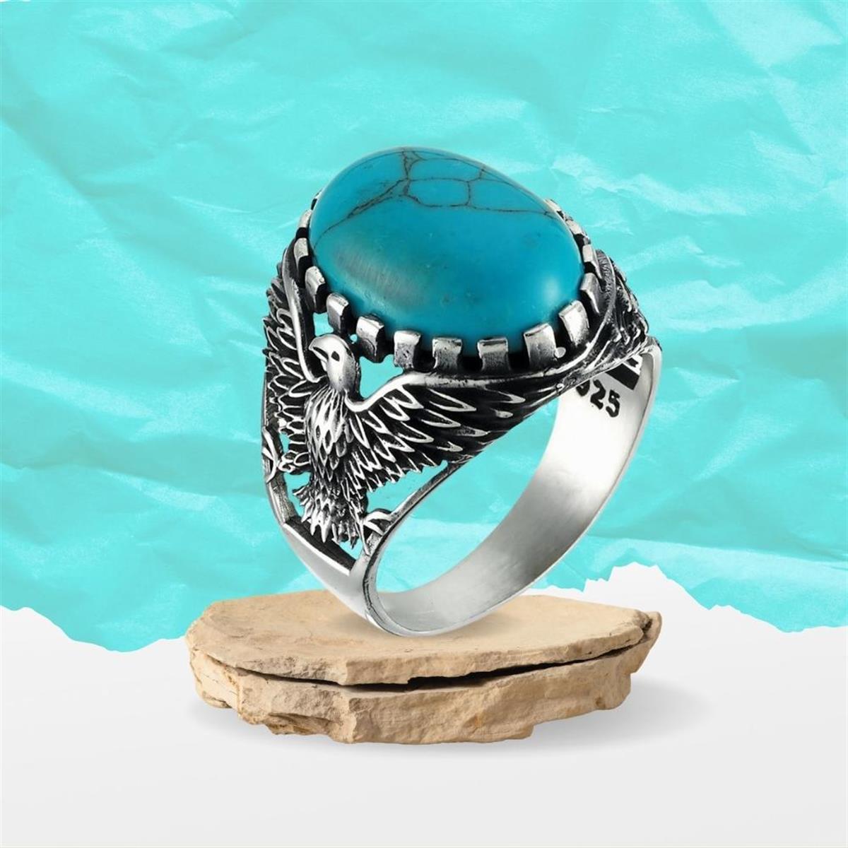 Turkuaz Taşlı Kartal Motifli Gümüş Erkek Yüzük