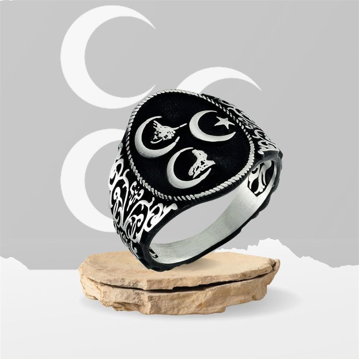 Üç Hilal Bozkurt Siyah Zeminli Gümüş Yüzük