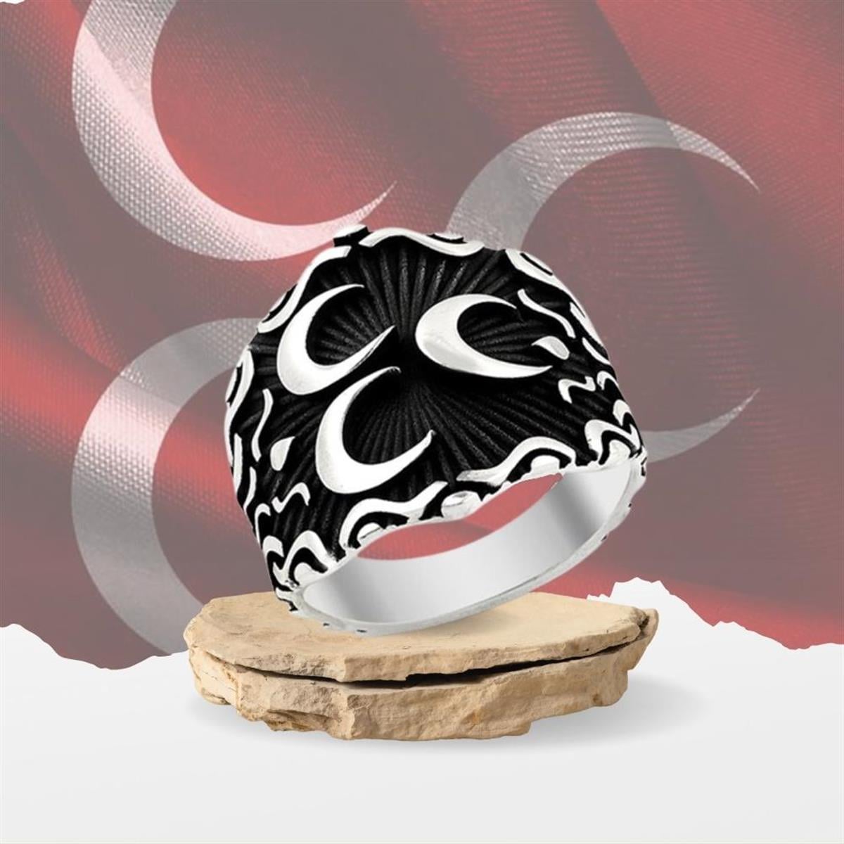 Üç Hilal Motifli Spor Desenli Gümüş Erkek Yüzük