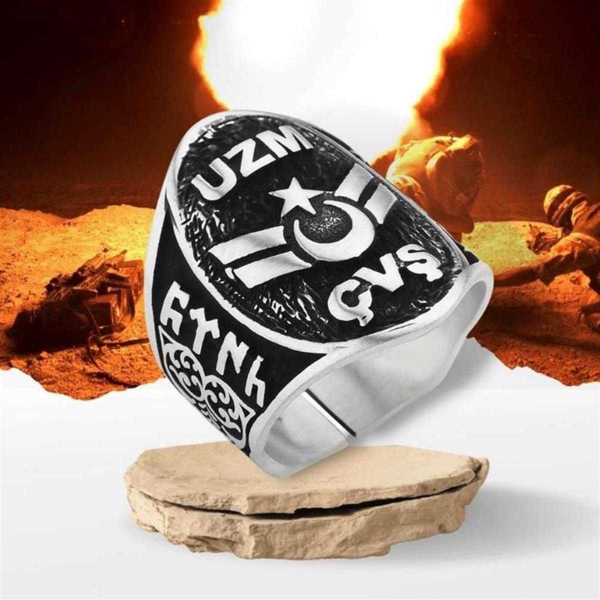 Uzman Çavuş Başparmak Göktürkçe Türk Gümüş Erkek Yüzük