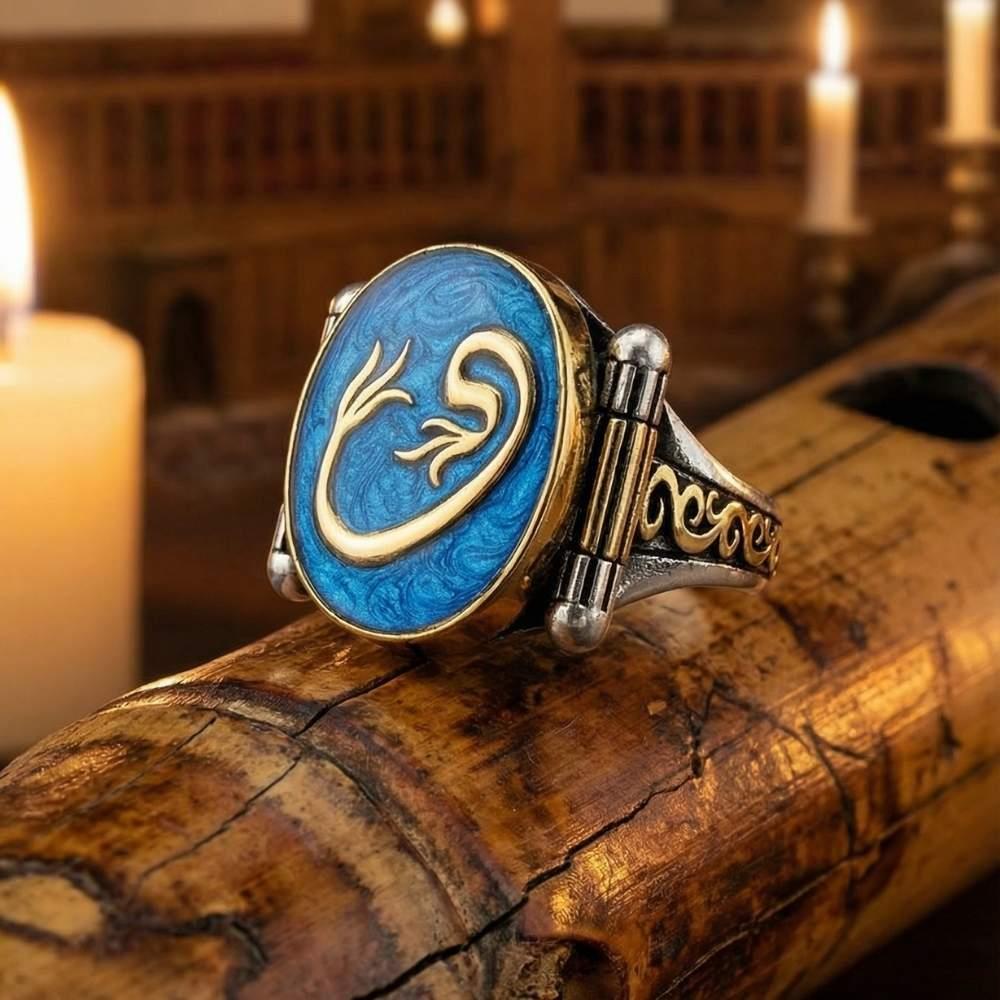 Vav Harfli Mavi Taşlı Mineli Gümüş Erkek YüzükElif Vav Yüzük