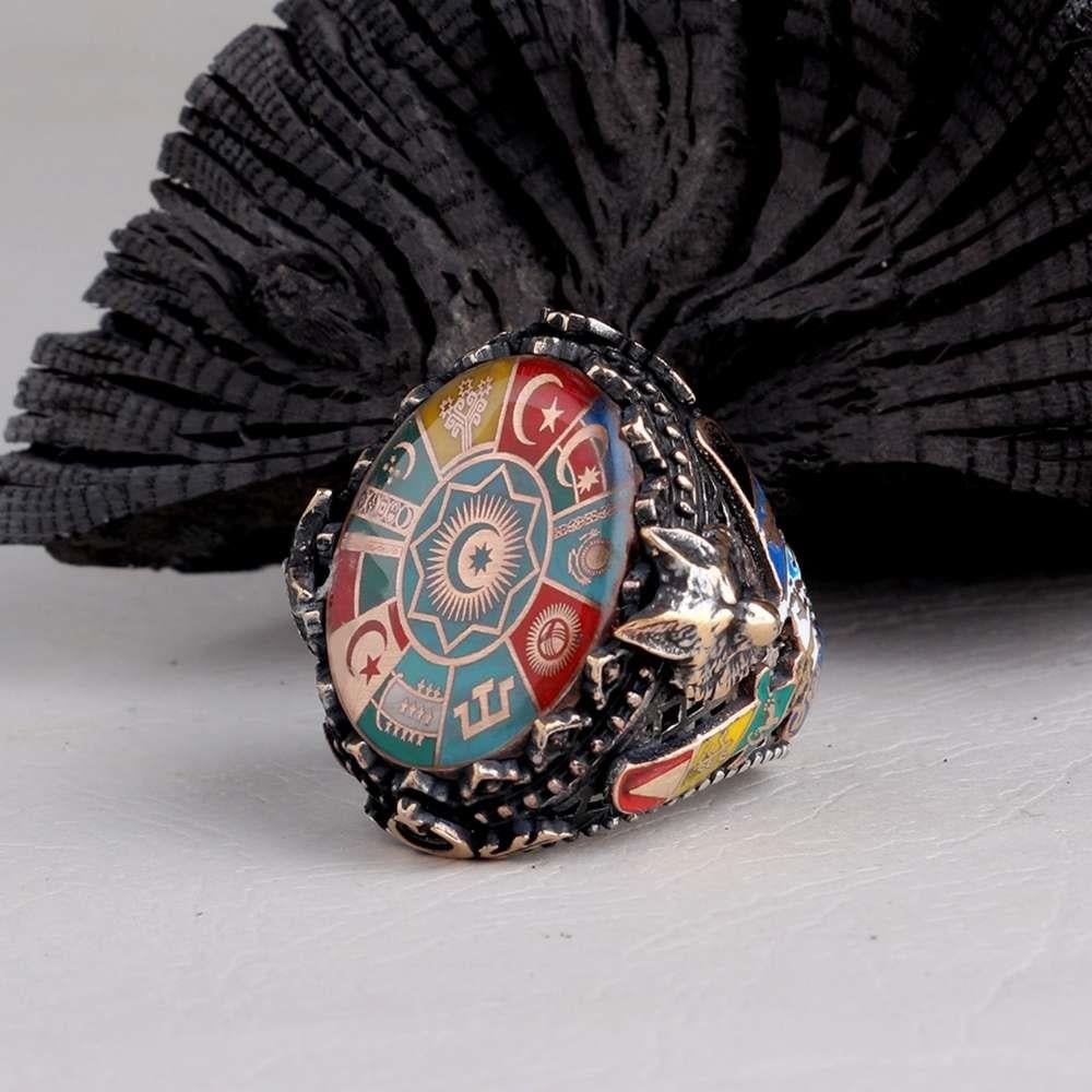 Yanları Bozkurt Türk Devletleri Teşkilatı Gümüş Yüzük16 Türk Devleti Yüzük