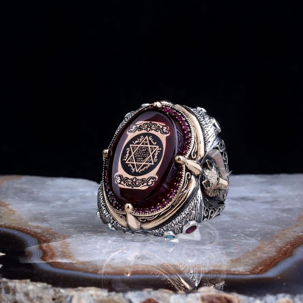 Yanları Kurt İşlemeli Mührü Süleyman Gümüş Yüzük