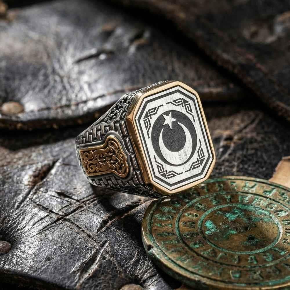 Yanları Tuğla Desen Ay Yıldız Gümüş YüzükAy Yıldız Yüzükler