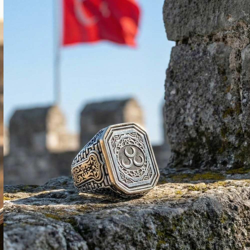 Yanları Tuğla Desen Üç Hilal Gümüş YüzükÜç Hilal Yüzük