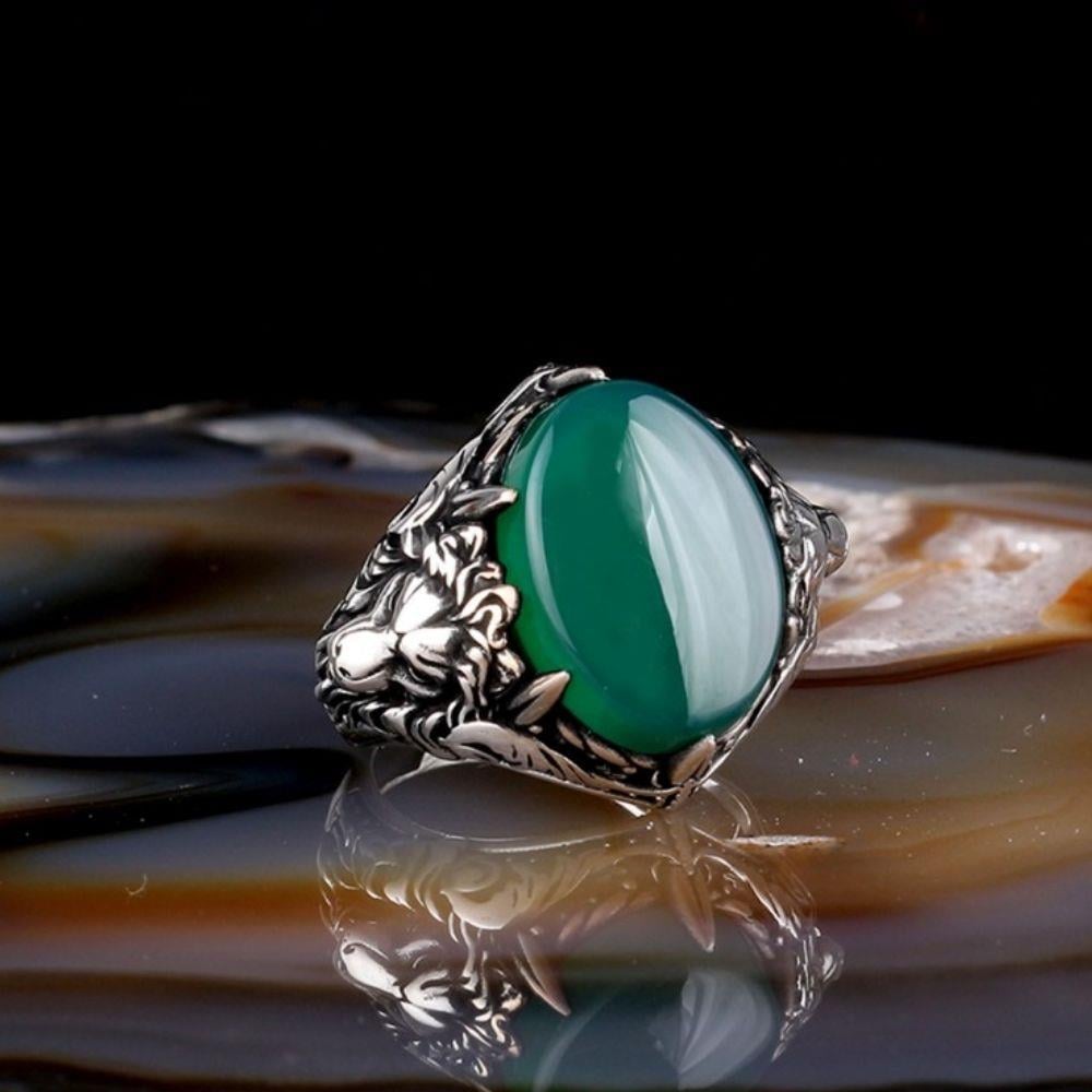 Yeşil Akik Taşlı Aslan Model 925 Ayar Gümüş Erkek Yüzük