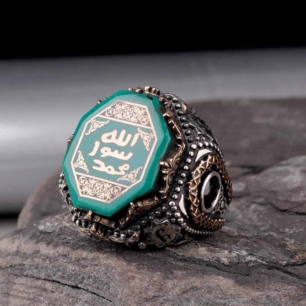 Yeşil Taş Üzeri Mührü Şerif Gümüş YüzükSüleyman Mührü Yüzükler