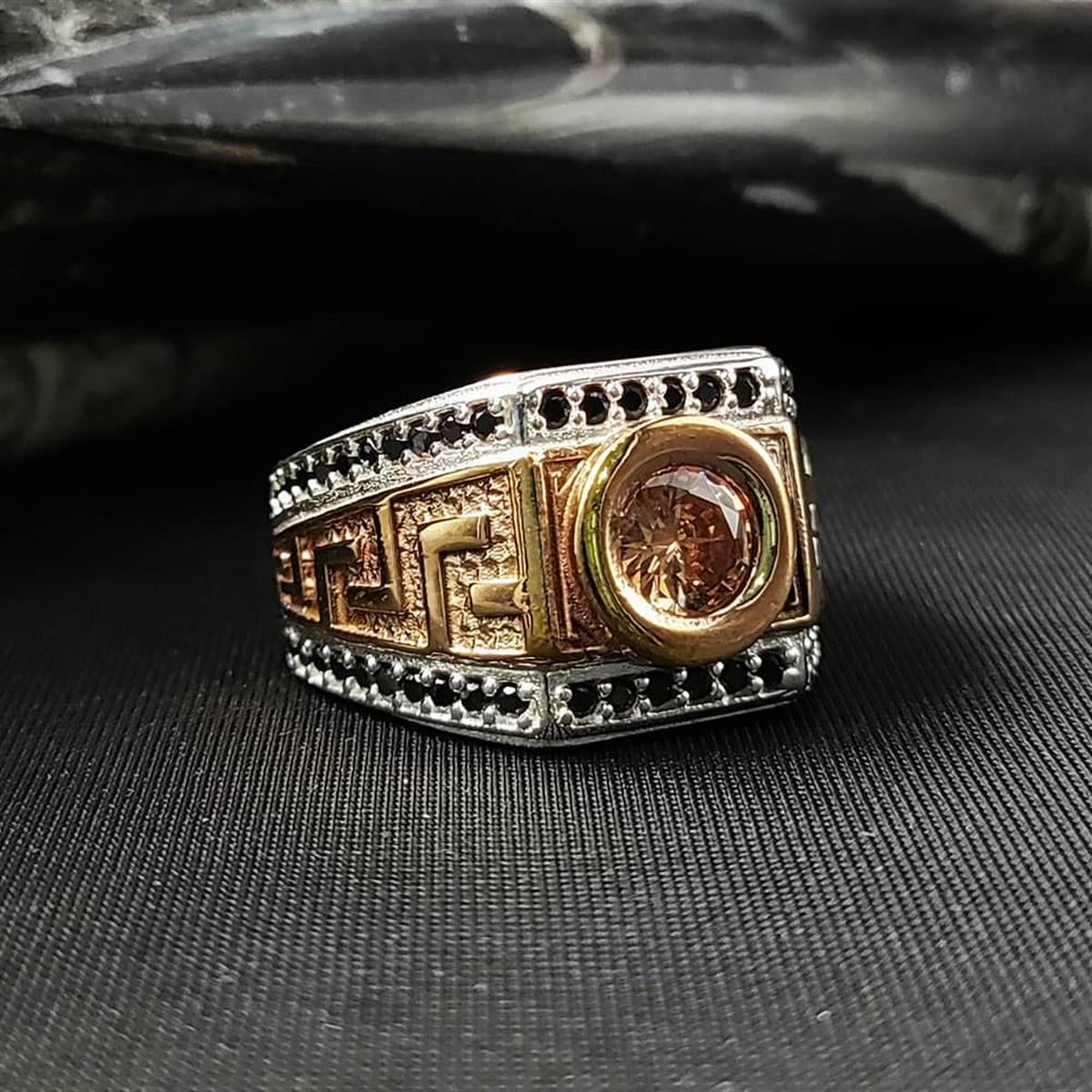 Yunan Desen İşleme Gold Detaylı Zirkon Taş Gümüş Yüzük
