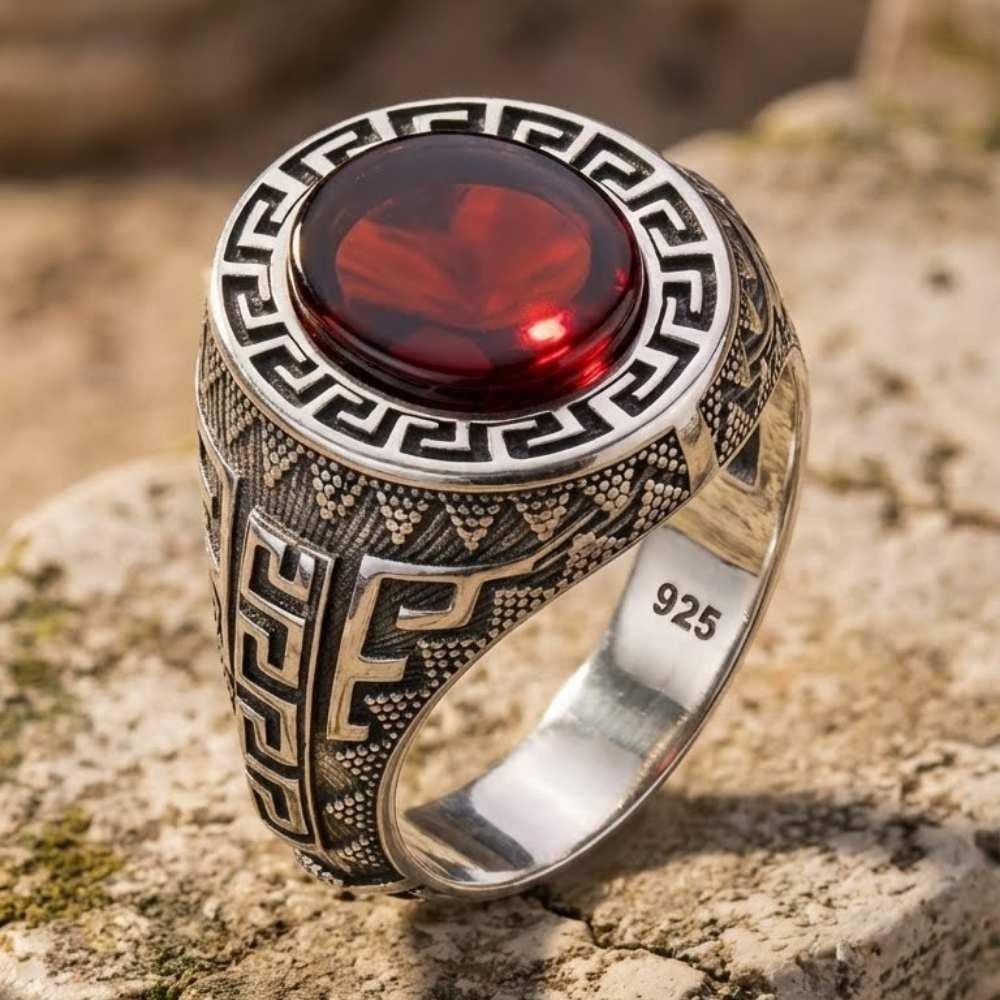 Yunan Desenli Lal Taşı Gümüş YüzükLal Taşı Yüzükler