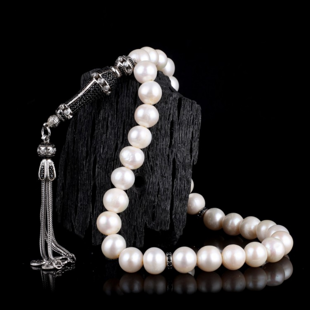 Zirkon Set Gümüş Püsküllü 10mm İnci Taşlı Tesbih