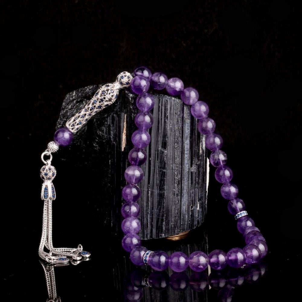 Zirkon Taş Gümüş Püsküllü Ametist Taşı Tesbih