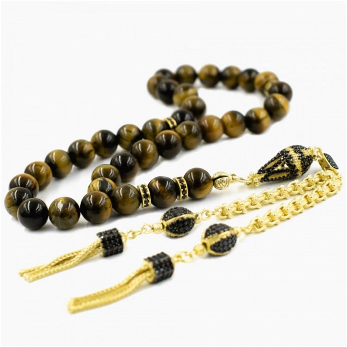 Zirkon Taşlı Altın Kaplama Püsküllü Doğal Kaplan Gözü Taşlı Tesbih