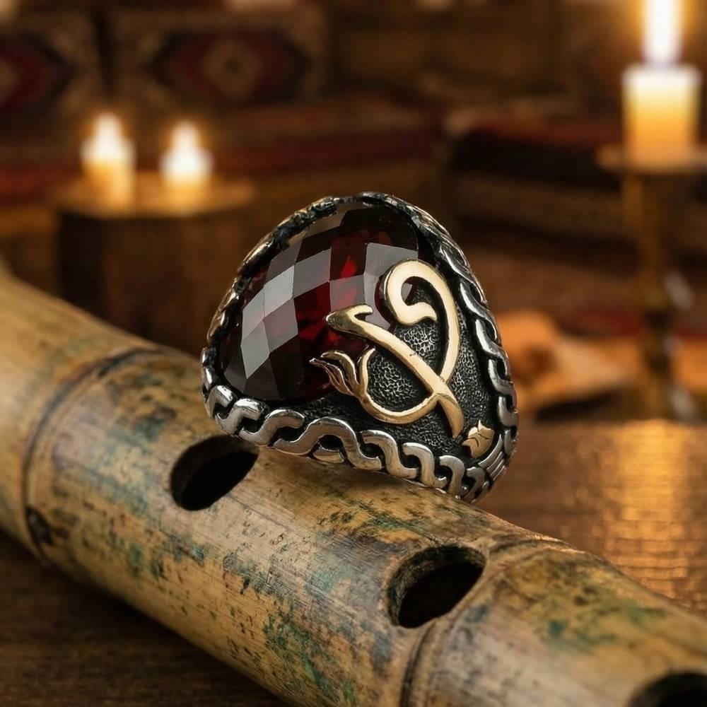 Zirkon Taşlı Elif Vav ve Elif Motifli Erkek Gümüş YüzükElif Vav Yüzük