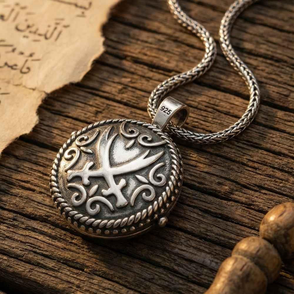 Zülfikar Kılıcı İşlemeli Muska Kabı Cevşen Gümüş KolyeMuskalık ve Cevşen Kolye