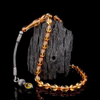 1000 Ayar Gümüş Püsküllü Arpa Kesim Ateş Kehribar TesbihAteş Kehribar Tesbih