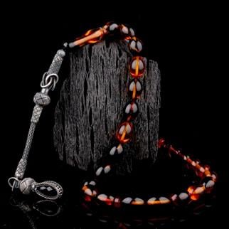 1000 Ayar Gümüş Püsküllü Arpa Kesim Karışık Renk Ateş Kehribar TesbihAteş Kehribar Tesbih