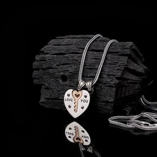 925 Ayar Gümüş Kalp Anahtar Motifli Unisex Model KolyeKolye