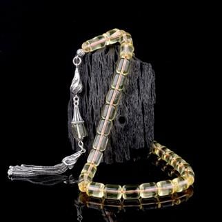 925 Ayar Gümüş Püsküllü Şeffaf Renk Damla Kehribar TesbihDamla Kehribar Tesbih