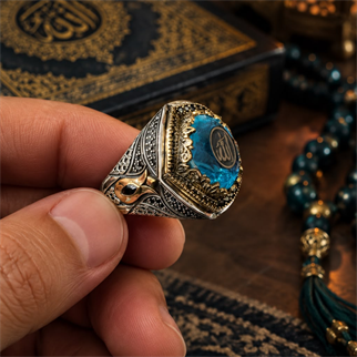Allah Yazılı Aqua Marine Taşlı Gümüş Yüzükİslami Yüzükler