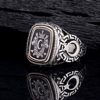 Ay Yıldız Çift Bozkurt Motifli Gümüş YüzükBozkurt Yüzükleri