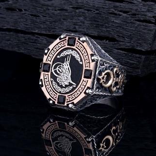 Ay Yıldız Detaylı Osmanlı Tuğra Gümüş YüzükTuğra Yüzük