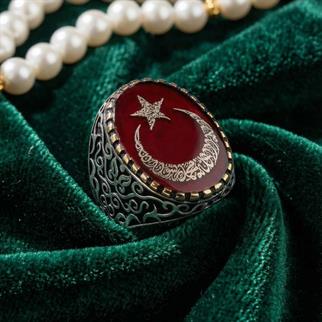 Ay Yıldız İçerisi Kelime-i Tevhid Yazılı Mineli Gümüş YüzükAy Yıldız Yüzükler