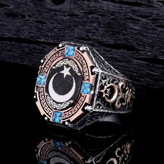 Ay Yıldız Motifli Türk Bayrağı Yanlı Gümüş YüzükAy Yıldız Yüzük