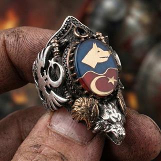 Bozkurt Ay Yıldız İşlemeli Gümüş Zihgir YüzükBaşparmak & Zihgir Yüzükleri