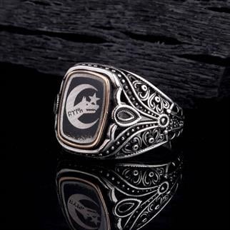 Bozkurt Göktürkçe Türk Damla Taşlı Gümüş YüzükBozkurt Yüzükleri