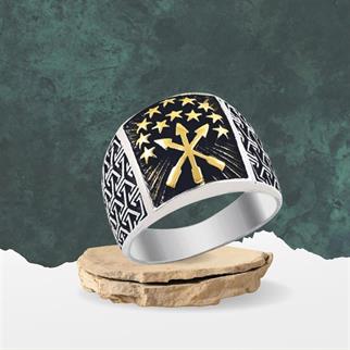 Çerkes Bayrağı Motifli Osmanlı Desenli Erkek Gümüş Yüzük