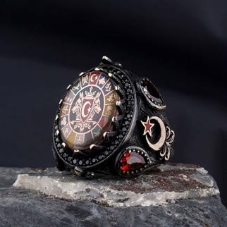 Çift Bozkurt 16 Türk Devleti İşlemeli Gümüş Yüzük16 Türk Devleti Yüzük