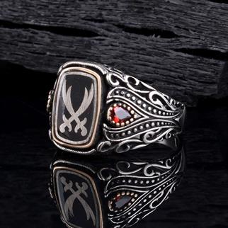 Çift Zülfikar Kılıcı Kırmızı Zirkon Gümüş YüzükZülfikar Kılıcı Yüzük