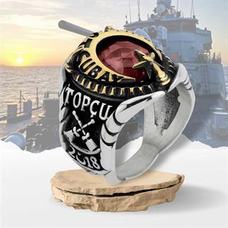 Deniz Kuvvetleri Komutanlığı Astsubay Gümüş Yüzük Kırmızı