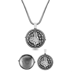 Eskitme Osmanlı Tuğra Bombeli Gümüş Muskalık Kolye