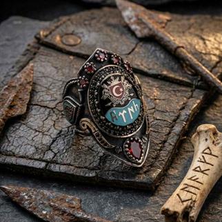 Göktürkçe Türk Çift Bozkurt İşlemeli Gümüş Zihgir YüzükBaşparmak & Zihgir Yüzükleri