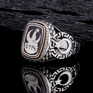 Göktürkçe Türk Yazılı Bozkurt Ay Yıldız Gümüş YüzükBozkurt Yüzükleri