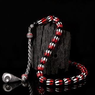 Gümüş Mineli Püsküllü Kırmızı Beyaz Renk Ateş Kehribar TesbihAteş Kehribar Tesbih