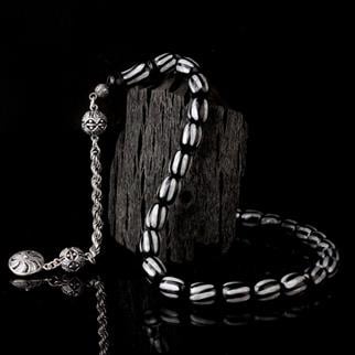 Gümüş Mineli Püsküllü Siyah Gri Renk Ateş Kehribar TesbihAteş Kehribar Tesbih