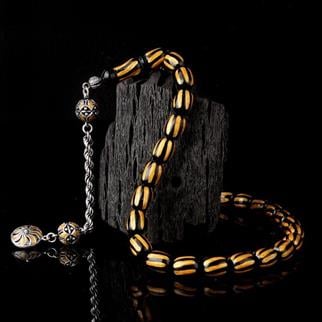 Gümüş Mineli Püsküllü Siyah Sarı Renk Ateş Kehribar TesbihAteş Kehribar Tesbih