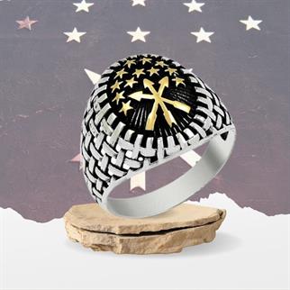 Hasır Desenli Çerkes Bayrağı Sembollü Gümüş Erkek Yüzük