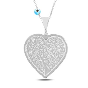 Kalp Model Hayat Ağacı Rodyum Kaplama Gümüş Kolye