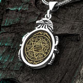 Kartal Başı Motifli Süleyman Mührü Gümüş Kolye