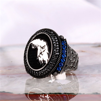 Kartal İşlemeli Mavi Zirkon Taşlı Gümüş Yüzük