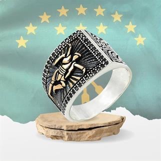 Kenarı Siyah Zirkon Taşlı Çerkes Dansı Motifli Gümüş Yüzük