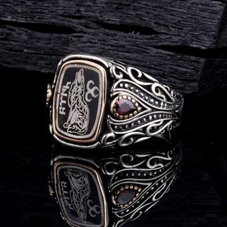 Kırmızı Taşlı Bozkurt Üç Hilal Türk Gümüş YüzükBozkurt Yüzükleri