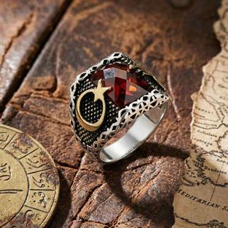 Kırmızı Zirkon Taşlı Ay Yıldız Ve Osmanlı Tuğralı Desenli Gümüş Erkek YüzükZirkon Taşlı Yüzükler