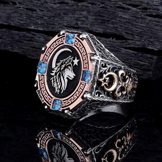 Mavi Taşlı Bozkurt Ay Yıldız Gümüş YüzükBozkurt Yüzükleri