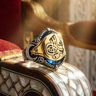 Osmanlı Tuğralı Göktürkçe Türk Gümüş Erkek Yüzük MaviTuğra Yüzük