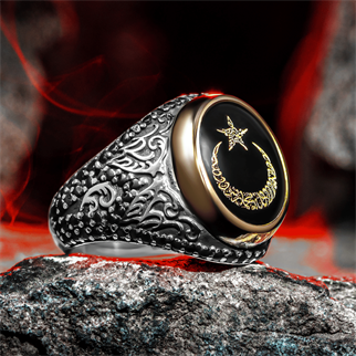 Oval Tasarım Ay Yıldız İçerisi Kelime-i Tevhid Gümüş Yüzük