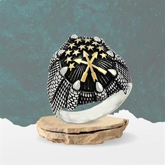 Pençe Motifli Çerkes Bayrağı Sembollü Gümüş Erkek Yüzük